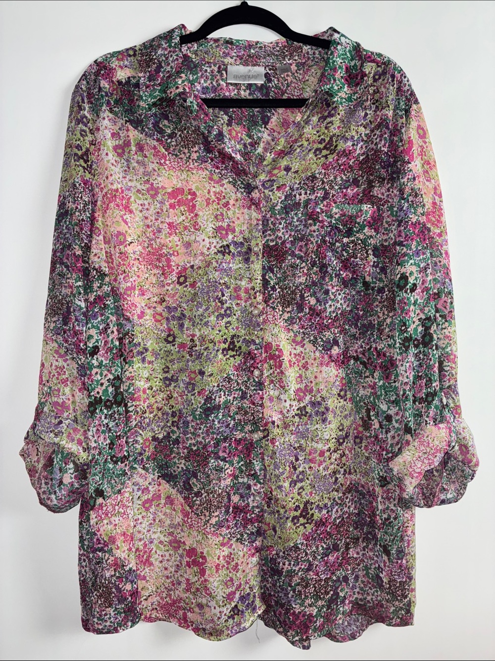 Avenue Pink Green Purple Floral Button-Front Blouse Roll Up Sleeve